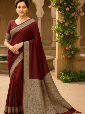 Regal Maroon Banarasi-Style Art Silk Saree with Heavy Silver Zari Border