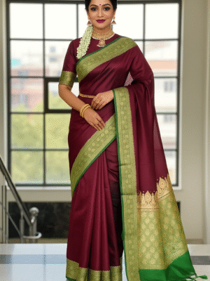 Maroon and Green Banarasi Silk Saree with Rich Golden Zari Weaving