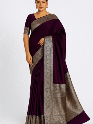 Royal Plum Purple Banarasi Silk Saree with Silver Zari Border and Pallu