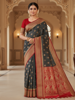 Royal Black and Red Banarasi Silk Saree with Golden Zari Weaving