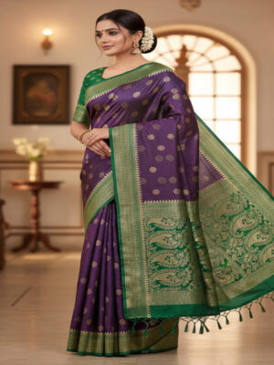 Purple and Green Banarasi Silk Saree