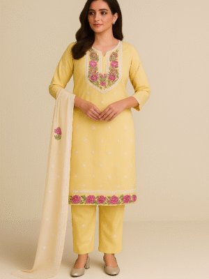 Yellow Cotton Embroidered Suit Set with Floral Dupatta
