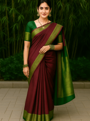 Maroon and Green Kanjivaram Silk Saree with Rich Zari Border