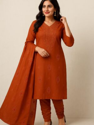 Rust Orange Cotton Embroidered Suit Set with Dupatta